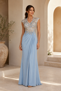 Illusion Lace Beaded Bodice Sheath Evening Gown