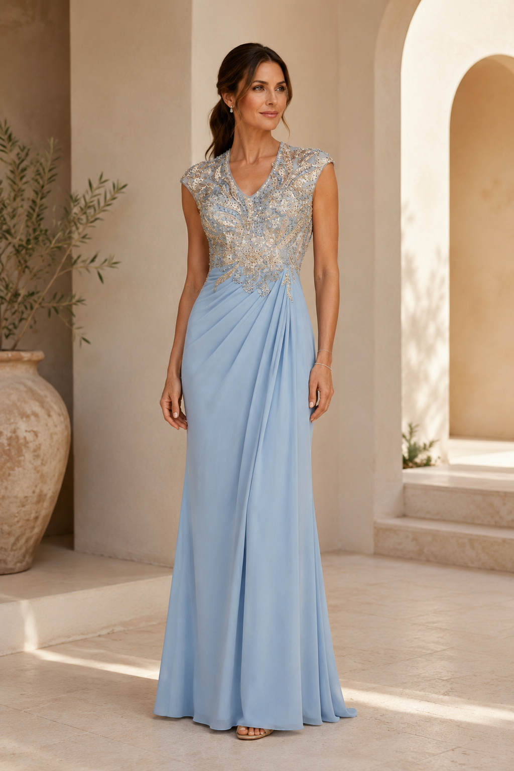 Illusion Lace Beaded Bodice Sheath Evening Gown