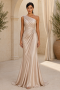 One-Shoulder Satin Gown with Draped Ruched Waist