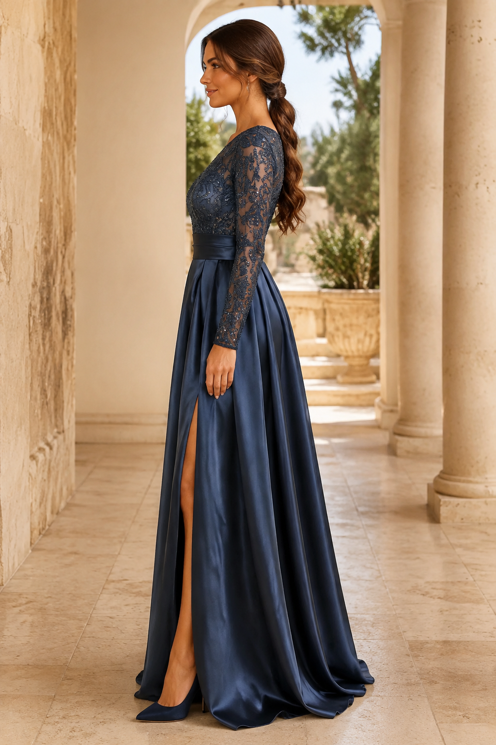 Sequined Lace Long-Sleeve A-Line Satin Gown with High Slit