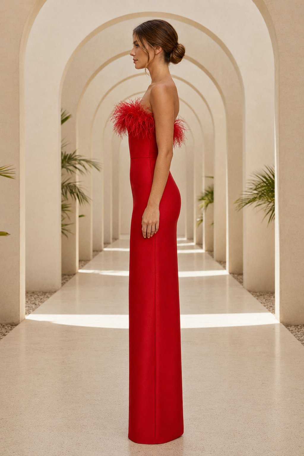 Strapless Feather-Trim Column Evening Gown