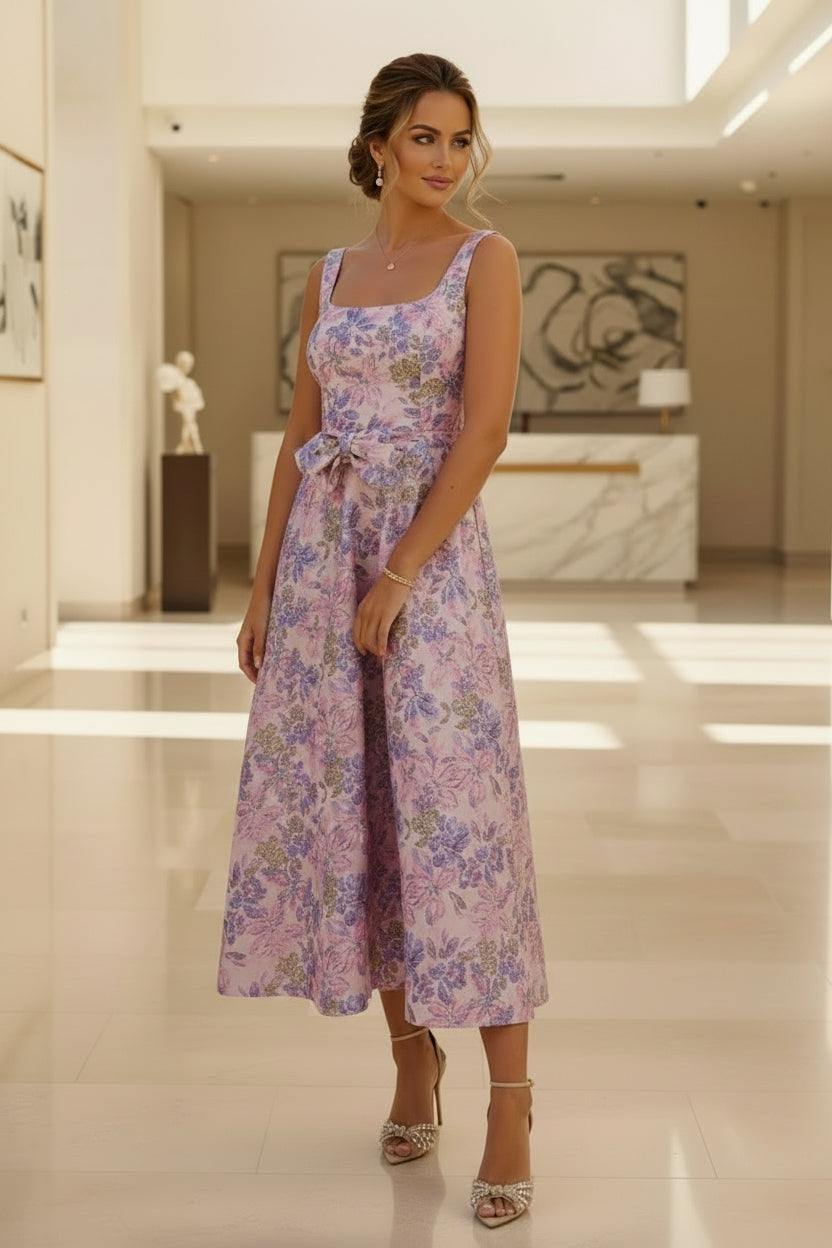 Floral Jacquard Midi Dress with Bow Detail
