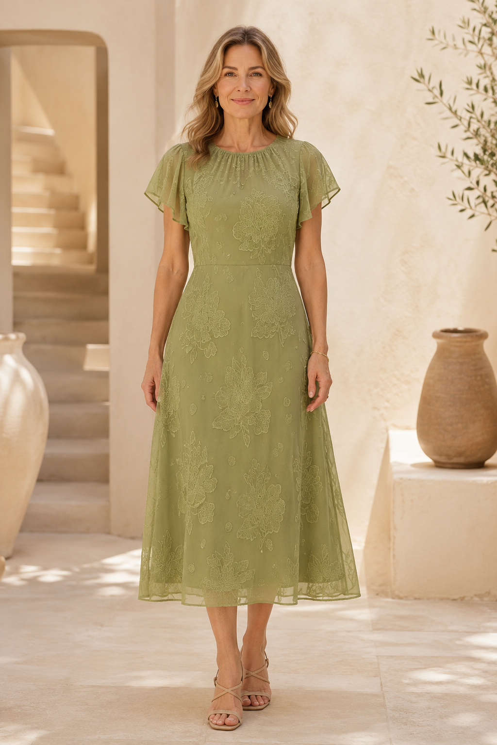 Flutter Sleeve Embroidered A-Line Midi Dress