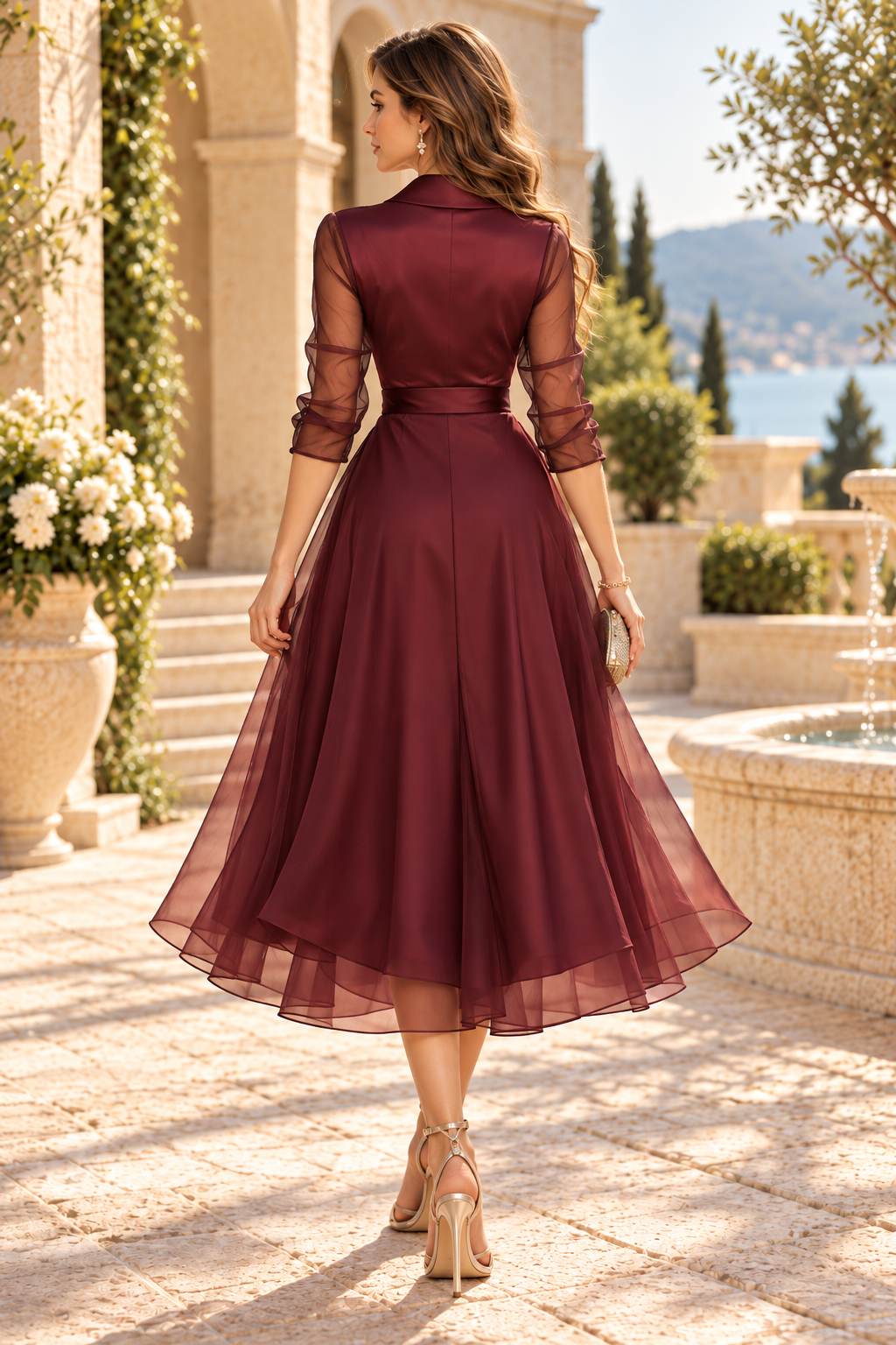 Midi Wrap Dress with Lapel Collar & Sheer Sleeves