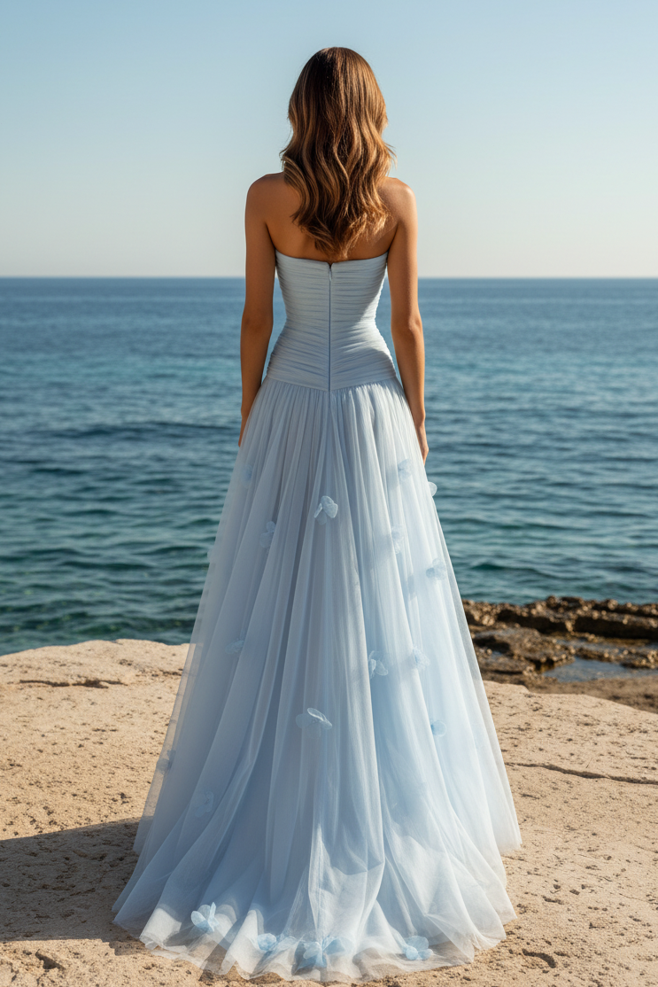 Strapless Ruched Tulle Gown with 3D Flowers