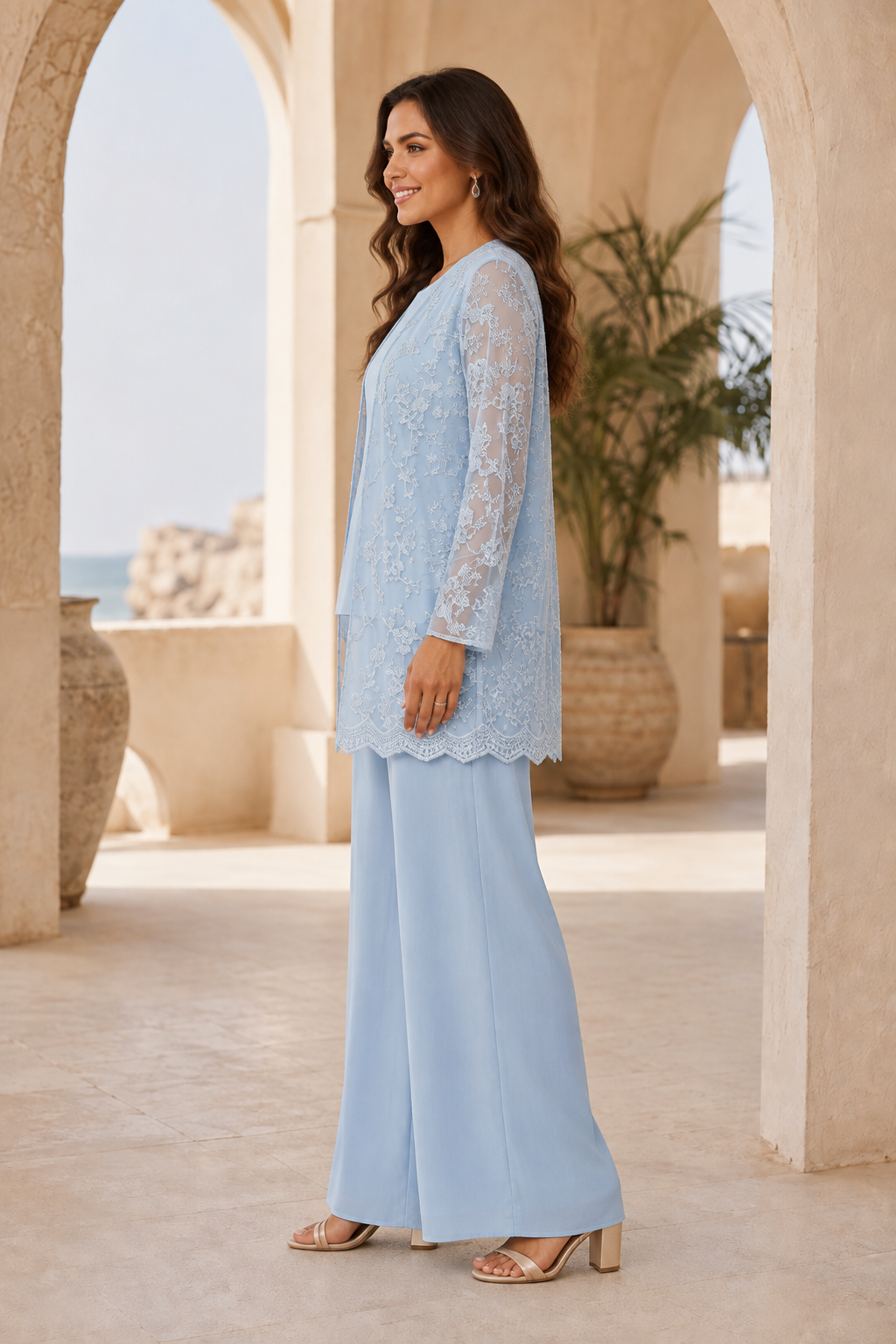 Three-Piece Lace Jacket, Top & Wide-Leg Pants Set