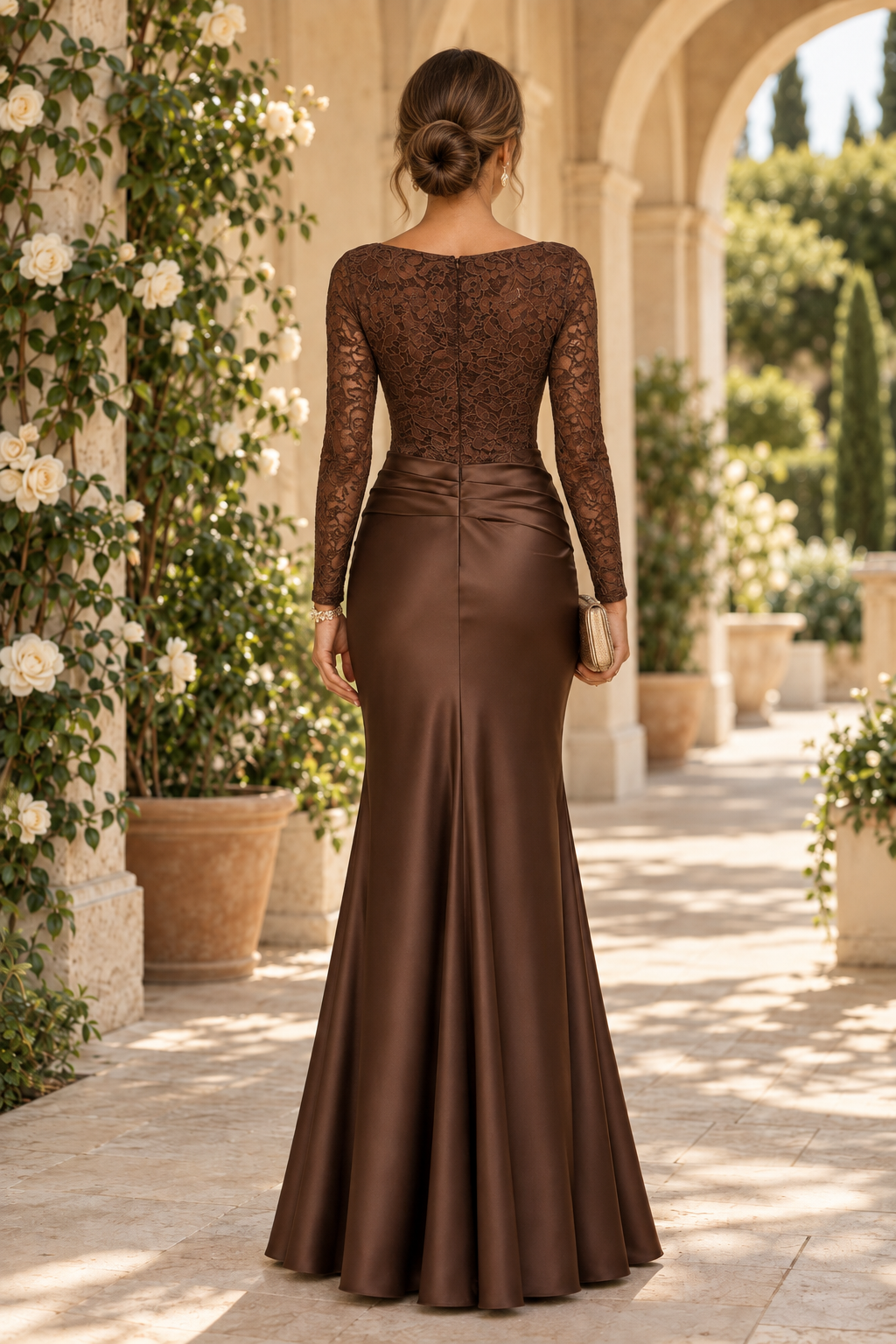 Lace Long Sleeve Satin Mermaid Evening Gown