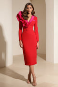 Asymmetrical Ruffled Long Sleeve Midi Sheath Dress