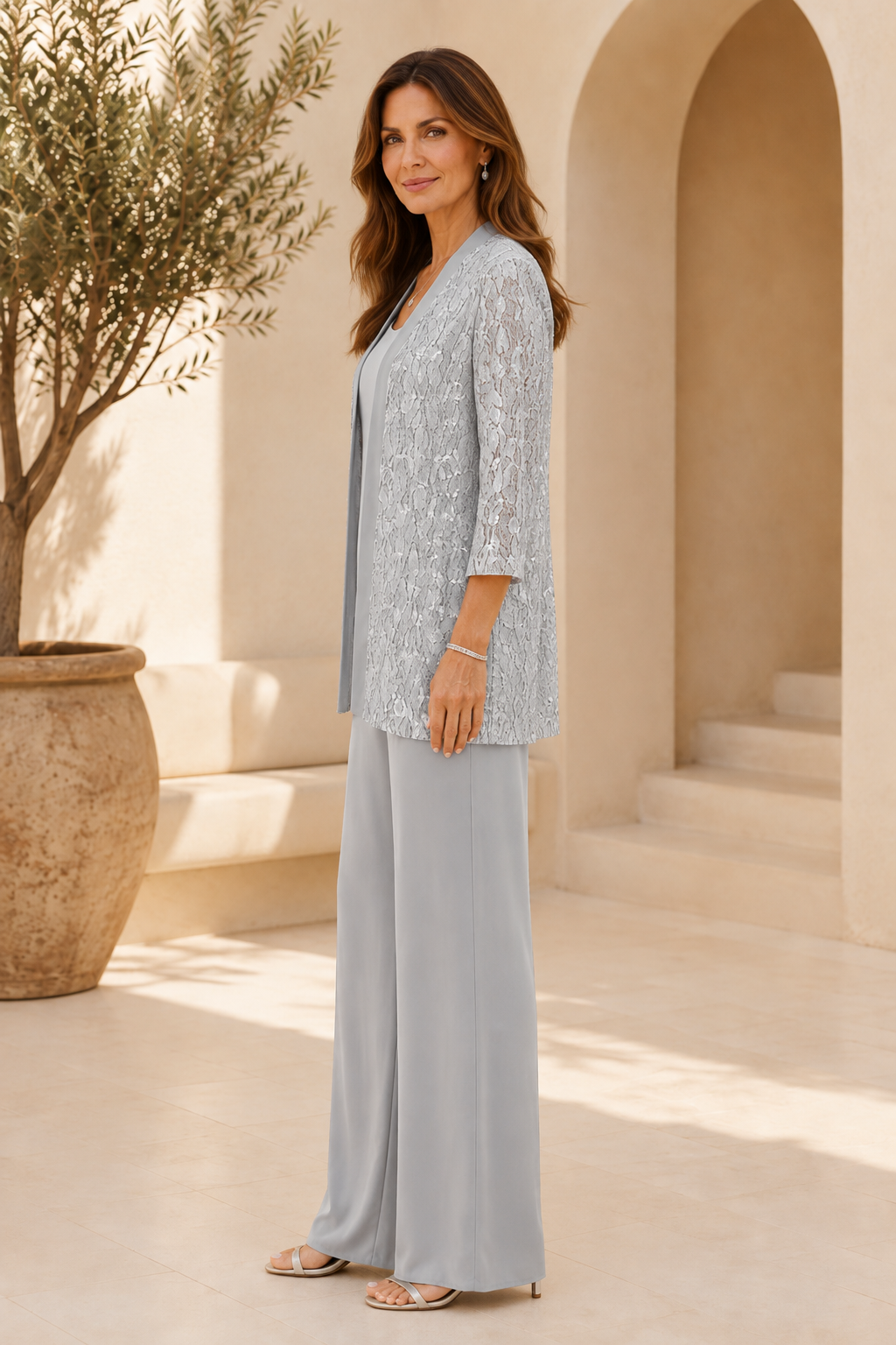Lace Jacket & Wide-Leg Formal Pantsuit