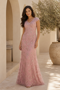 V-Neck Embroidered Cap Sleeve Evening Gown