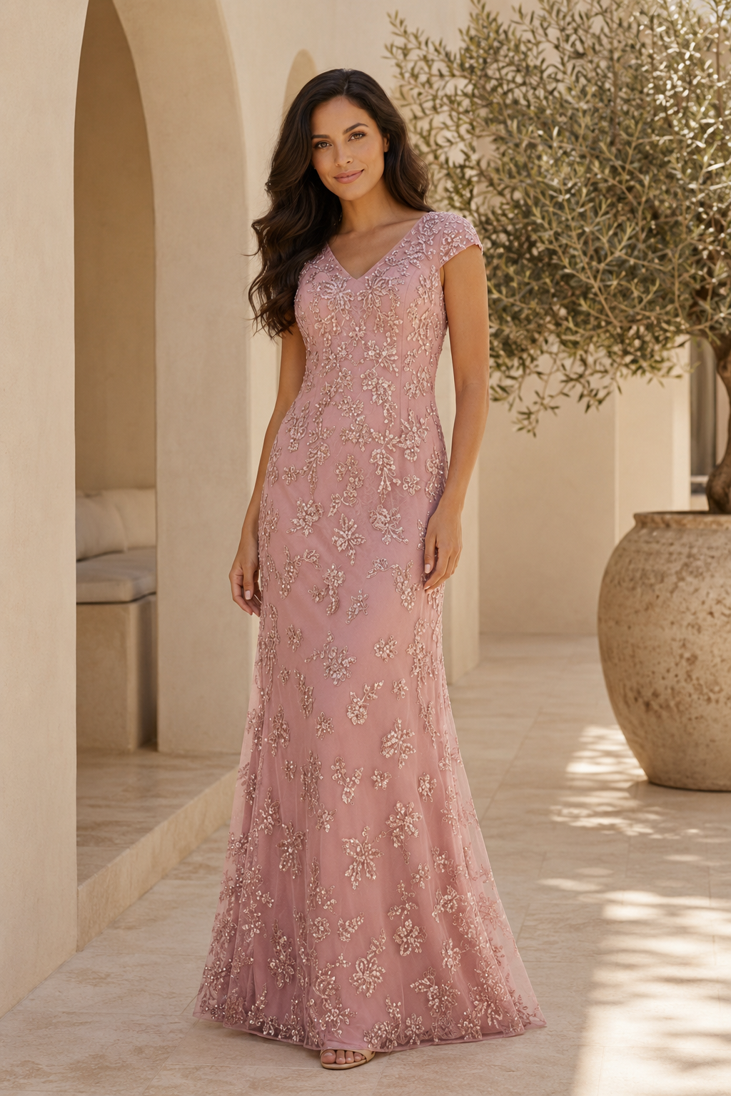 V-Neck Embroidered Cap Sleeve Evening Gown