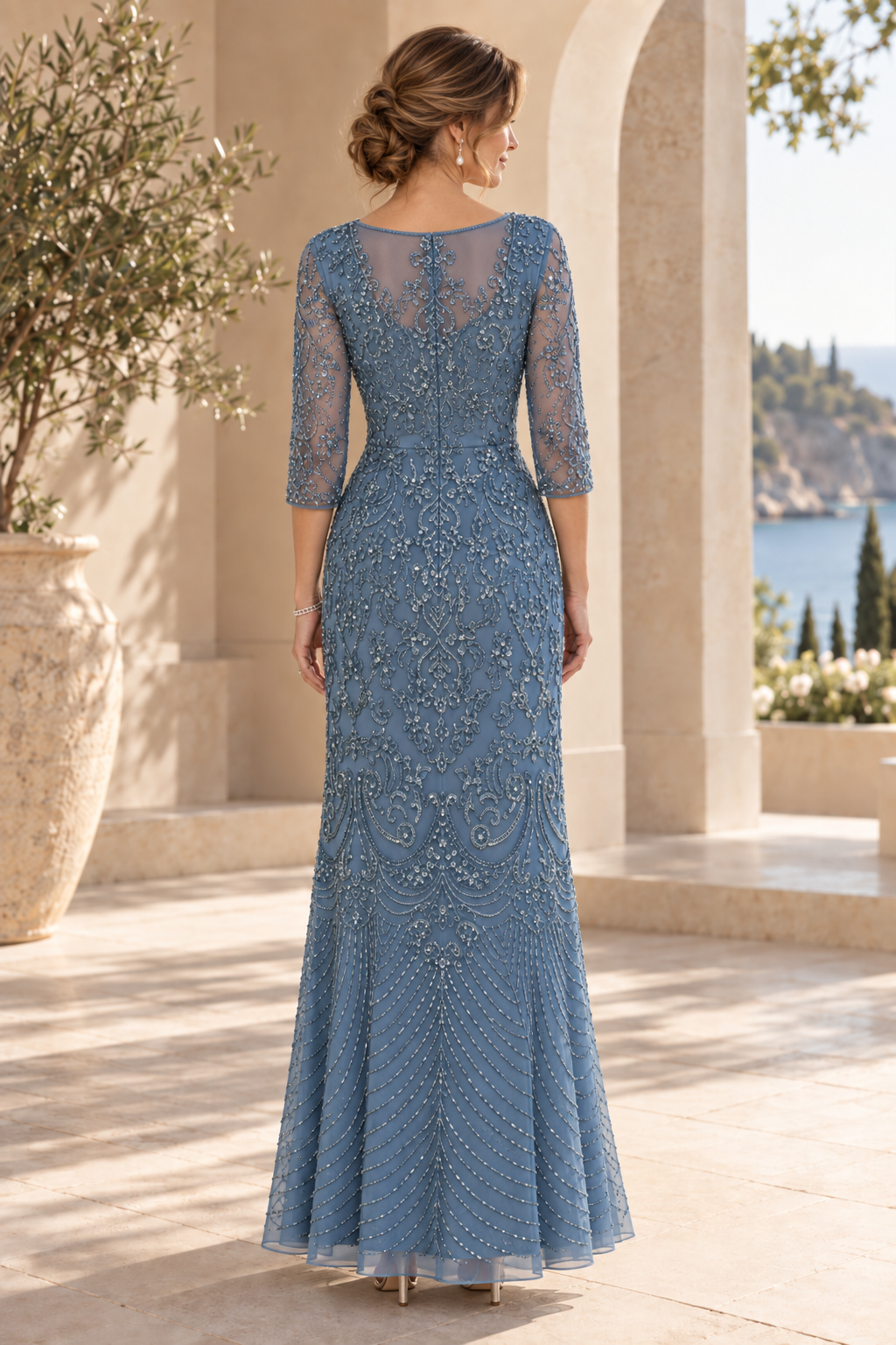 Beaded Sheath Gown with Illusion Neckline