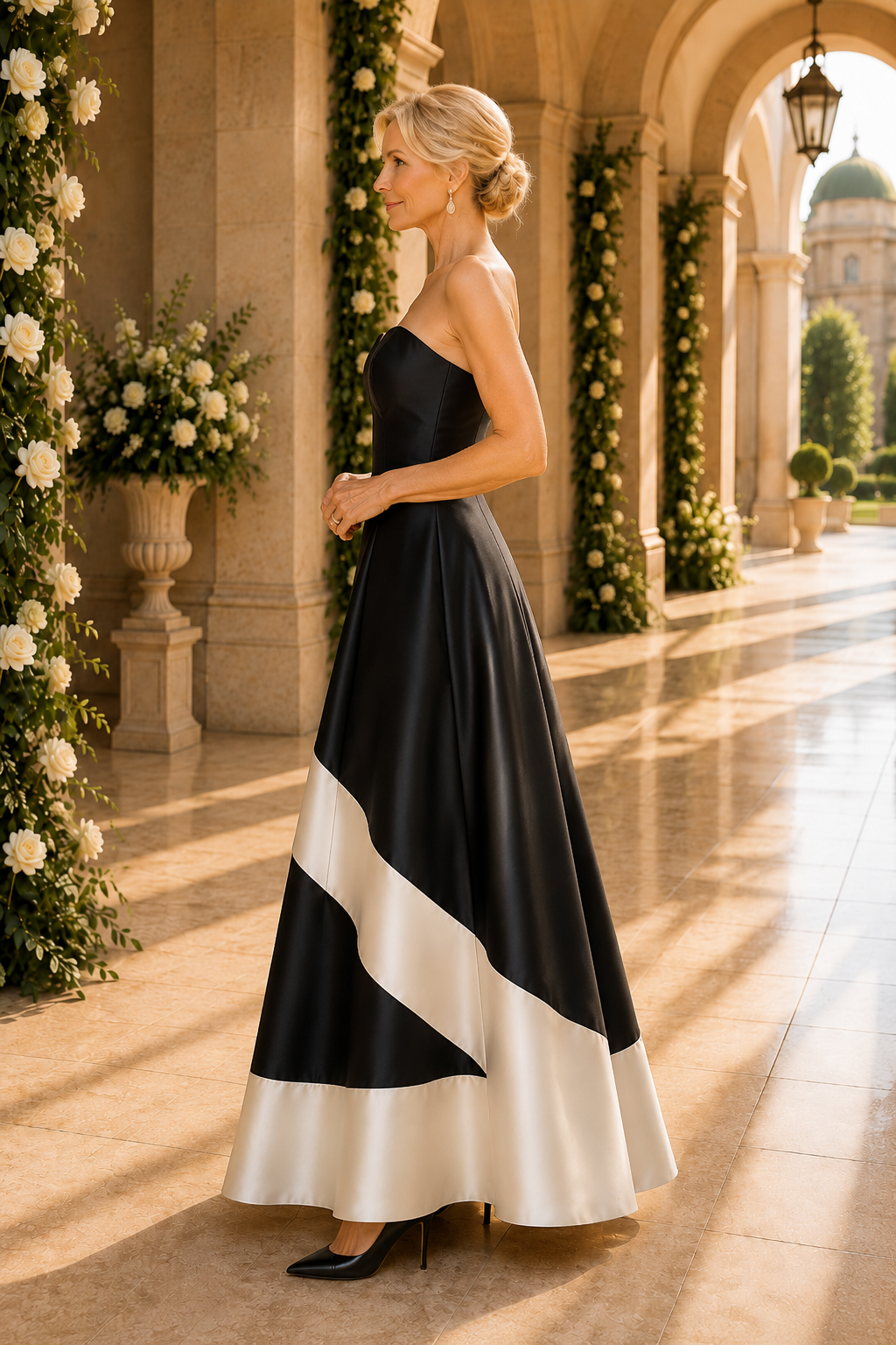 Strapless A-Line Gown with Contrast Diagonal Band