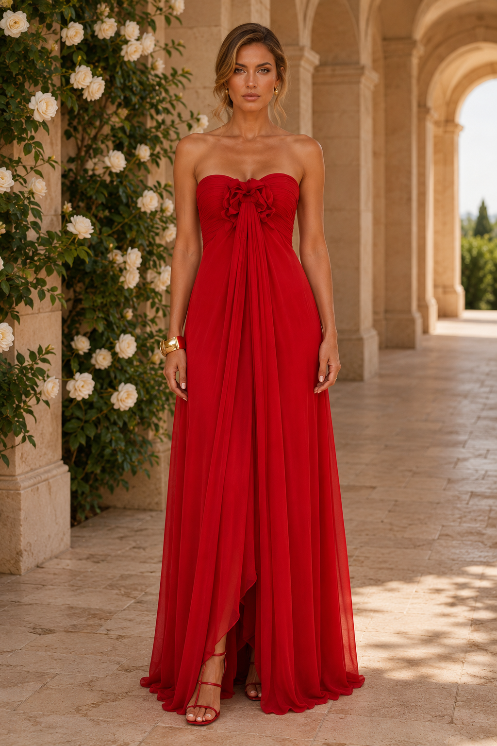 Strapless Draped Chiffon Gown with 3D Floral Bodice