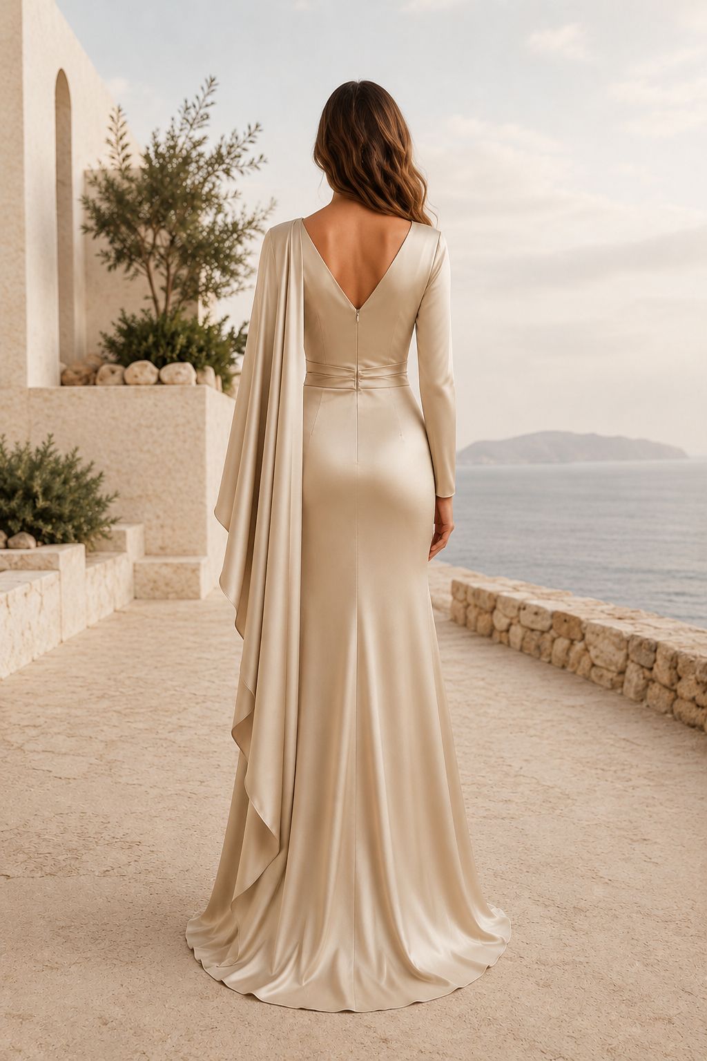 Long Sleeve Satin Mermaid Gown with Cape Drape