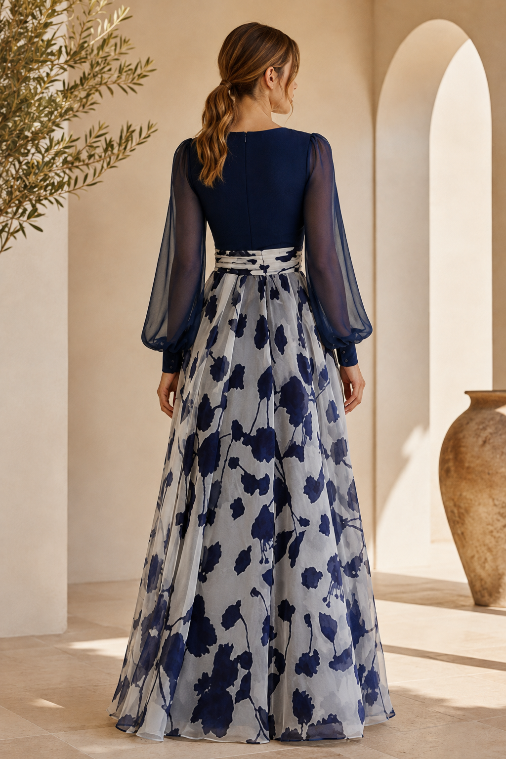 V-Neck Floral Print A-Line Evening Gown