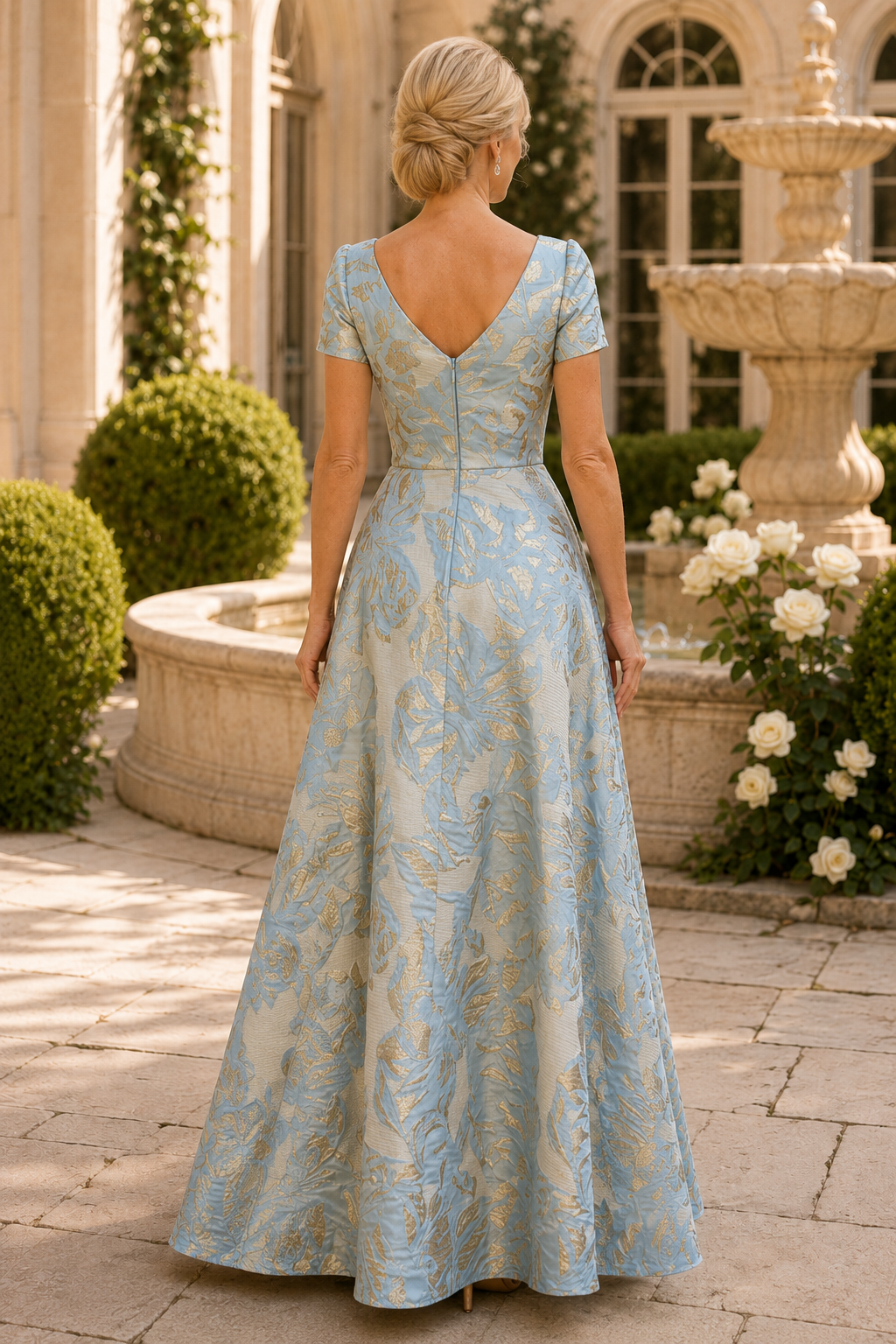 Short Sleeve Cascading Ruffle Jacquard A-Line Gown