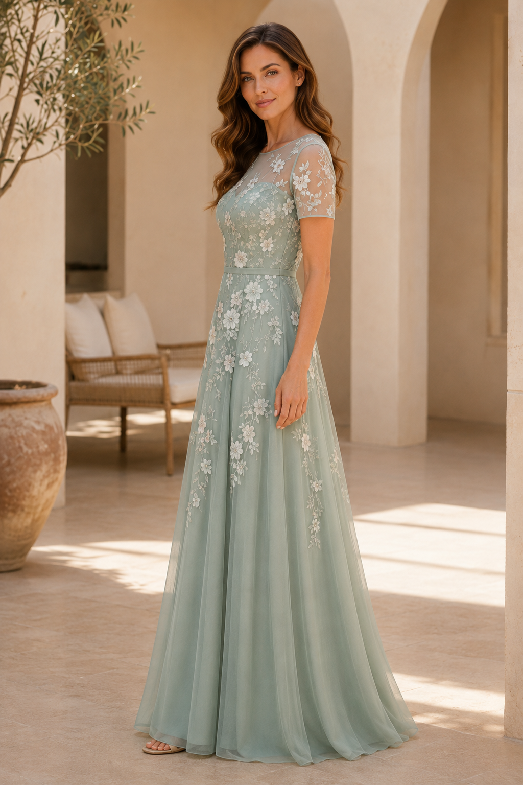 Embroidered Floral Illusion A-Line Maxi Dress