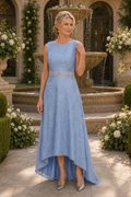 High-Low Floral Lace A-Line Dress with Beaded Waist