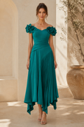 Floral Off-the-Shoulder Asymmetrical Pleated Midi Dress