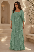 Sequin Lace Gown with Cowl Neck Chiffon Cape Sleeves