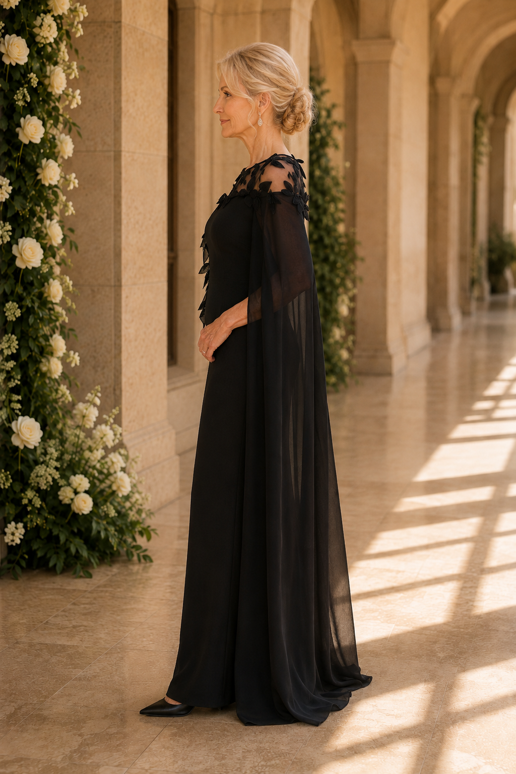 Illusion Neckline Cape Evening Gown