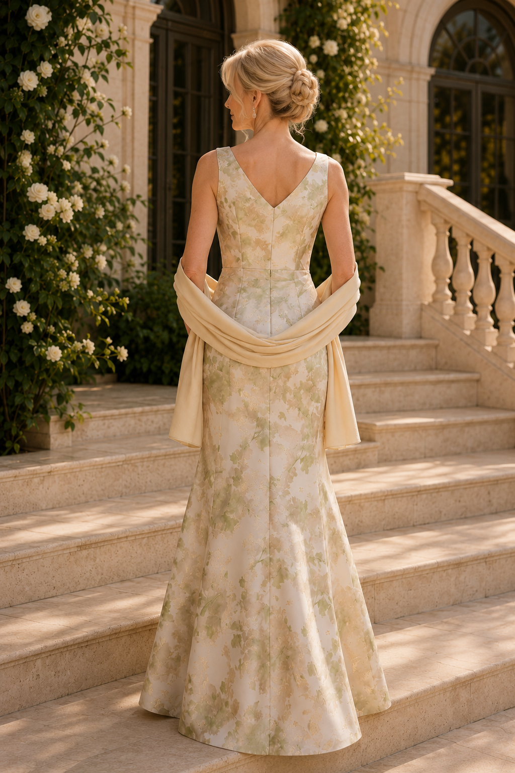 Floral Print Jacquard Sleeveless Formal Gown