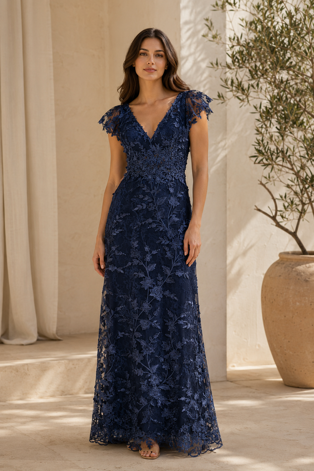 Floral Lace Flutter Sleeve V-Neck Evening Gown