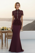 High Neck Lace Peplum Mermaid Gown