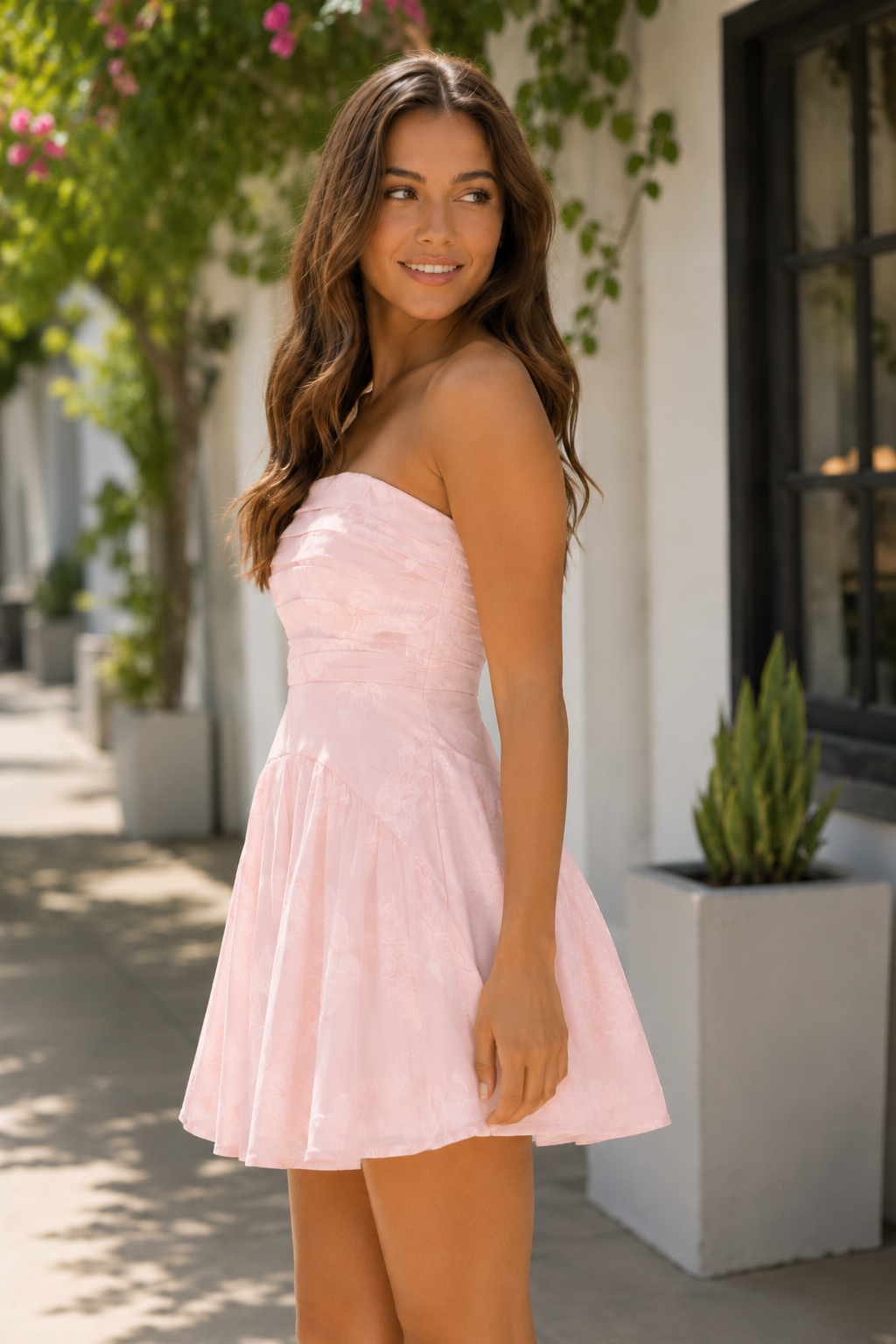 Strapless Ruched Jacquard Fit and Flare Mini Dress