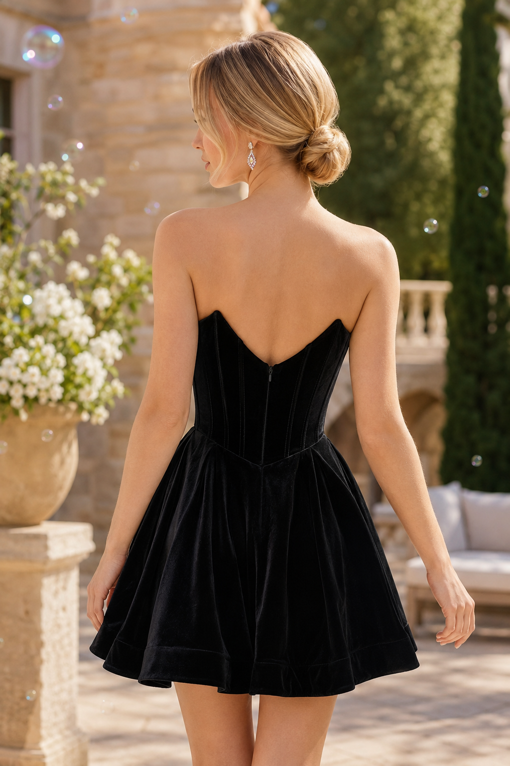 Strapless Velvet Corset Mini Dress with 3D Flowers
