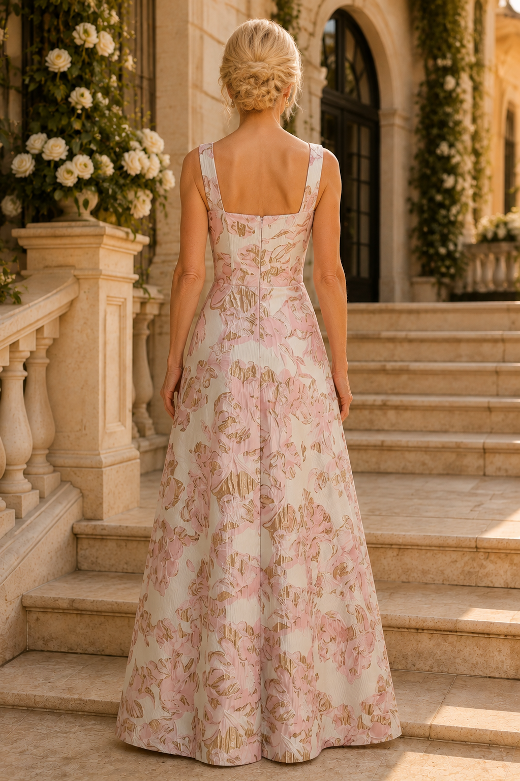Floral Jacquard Asymmetrical Draped Evening Gown
