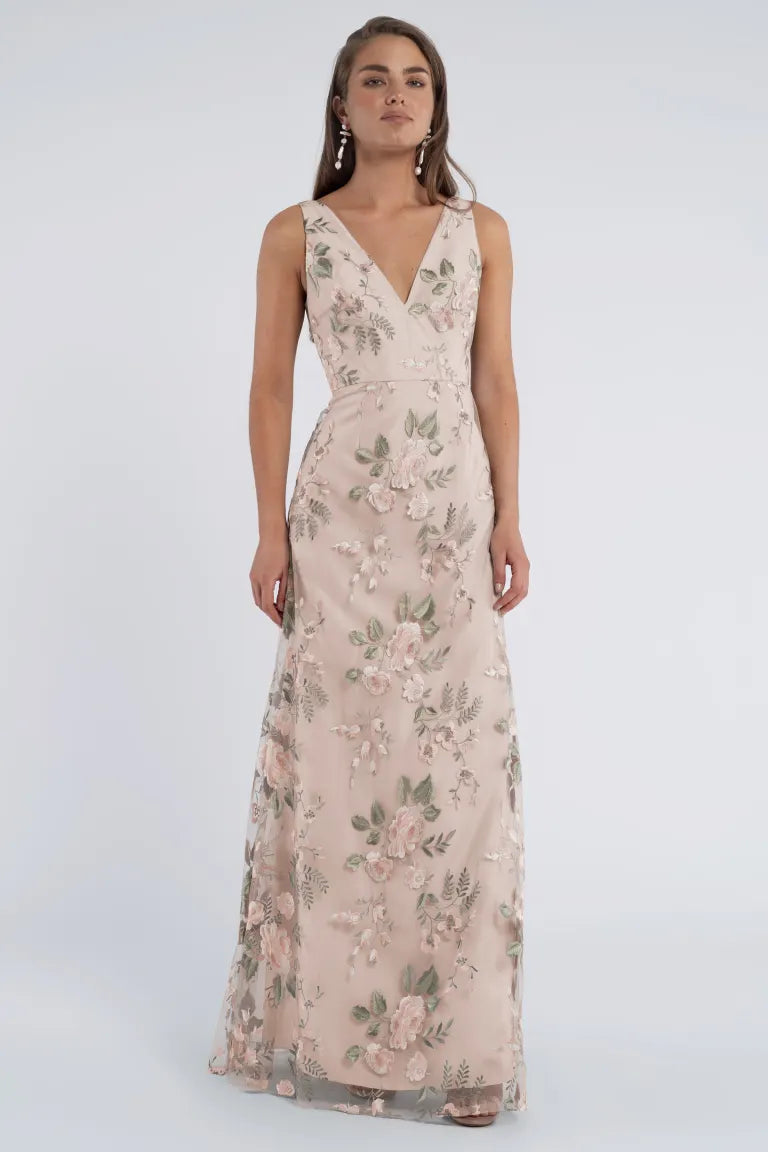 Floral Embroidered V-Neck A-Line Gown