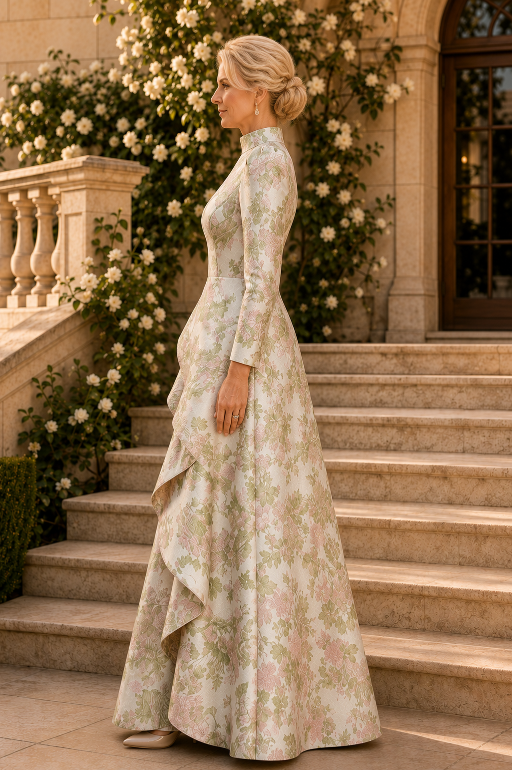 High-Neck Floral Jacquard Gown with Cascading Ruffles