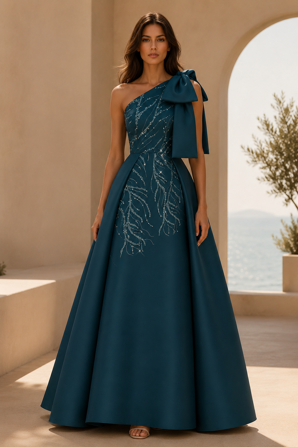 One-Shoulder Bow Embellished A-Line Gown