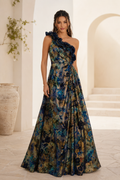 One Shoulder Ruffle Floral Jacquard Evening Gown