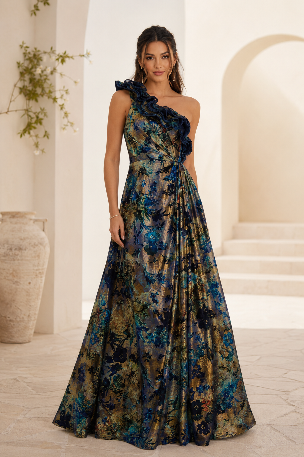 One Shoulder Ruffle Floral Jacquard Evening Gown