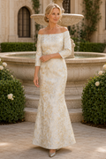 Off-the-Shoulder 3/4 Sleeve Jacquard Gown