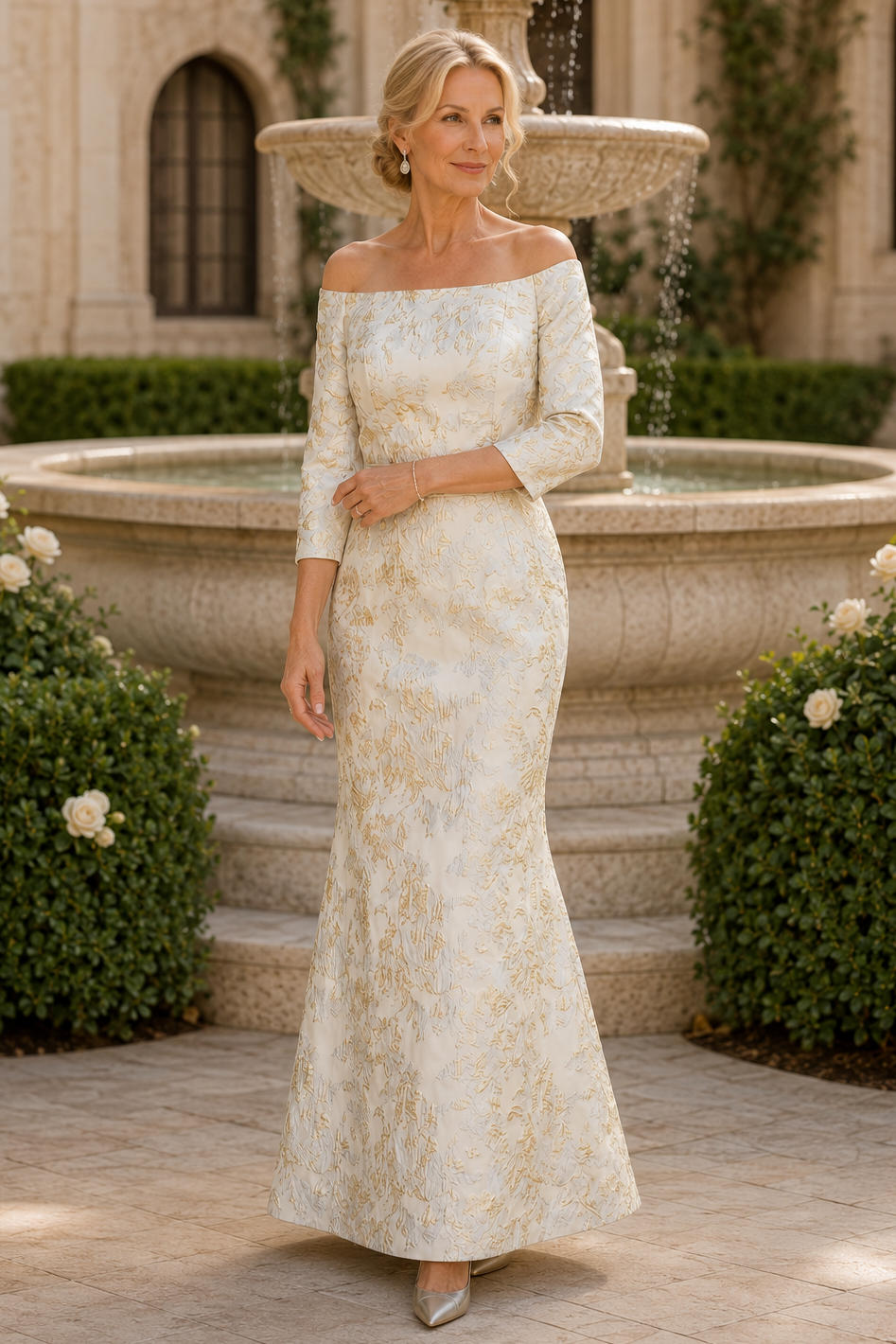 Off-the-Shoulder 3/4 Sleeve Jacquard Gown