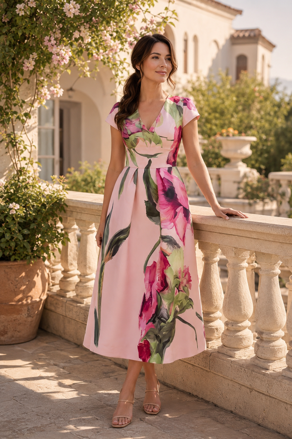 Floral Print V-Neck Fit and Flare Midi Dress
