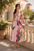 Floral Print V-Neck Fit and Flare Midi Dress
