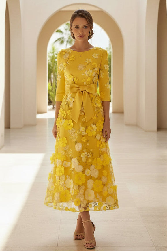 3D Floral Applique A-Line Midi Dress with Bow