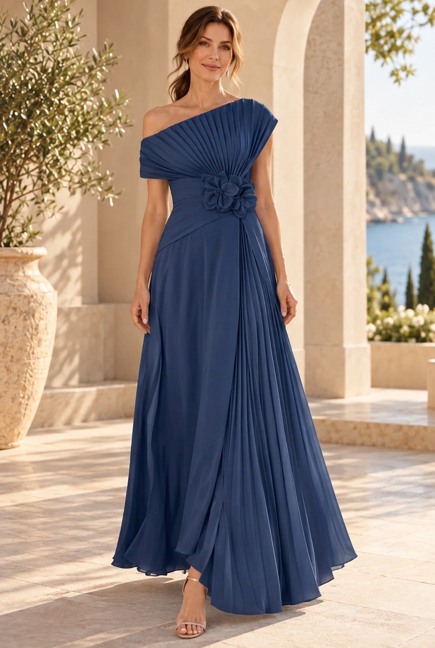 One-Shoulder Pleated Maxi Gown with 3D Flower