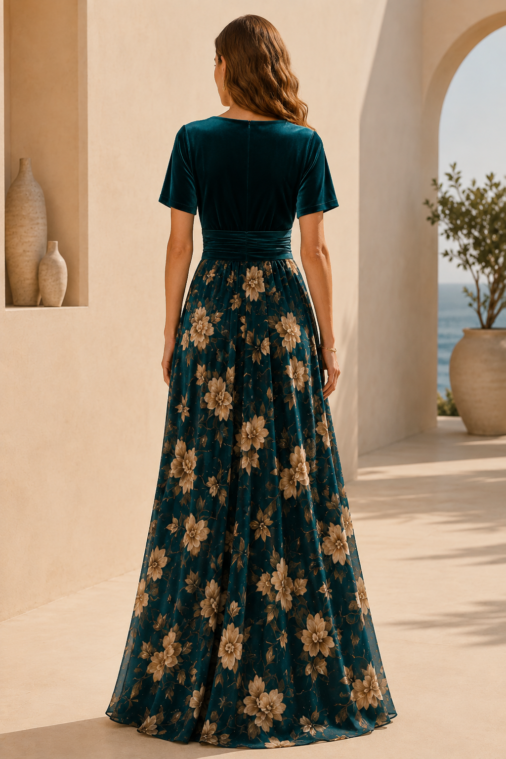 Maxikleid mit V-Ausschnitt, Blumendruck und Schlitz aus Samt