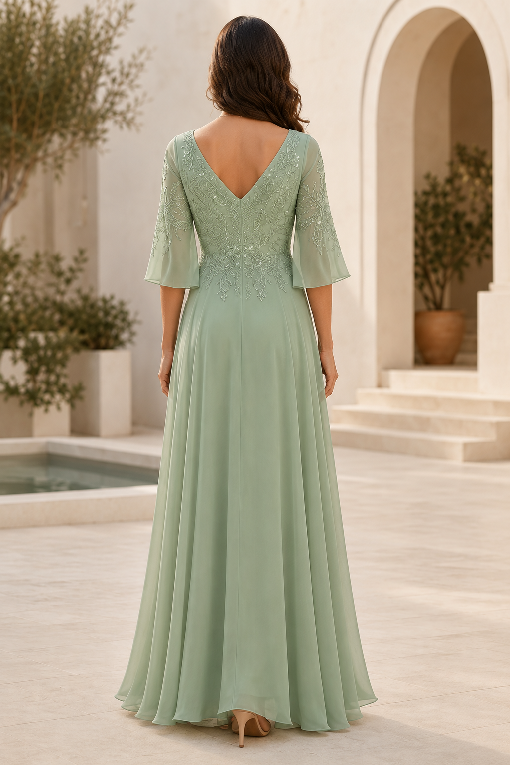 Lace Applique Chiffon A-Line Gown with Bell Sleeves