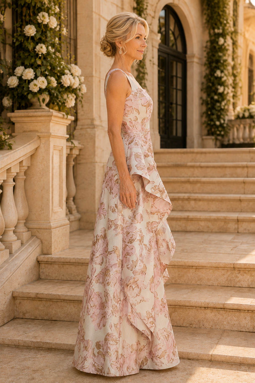Floral Jacquard Asymmetrical Draped Evening Gown
