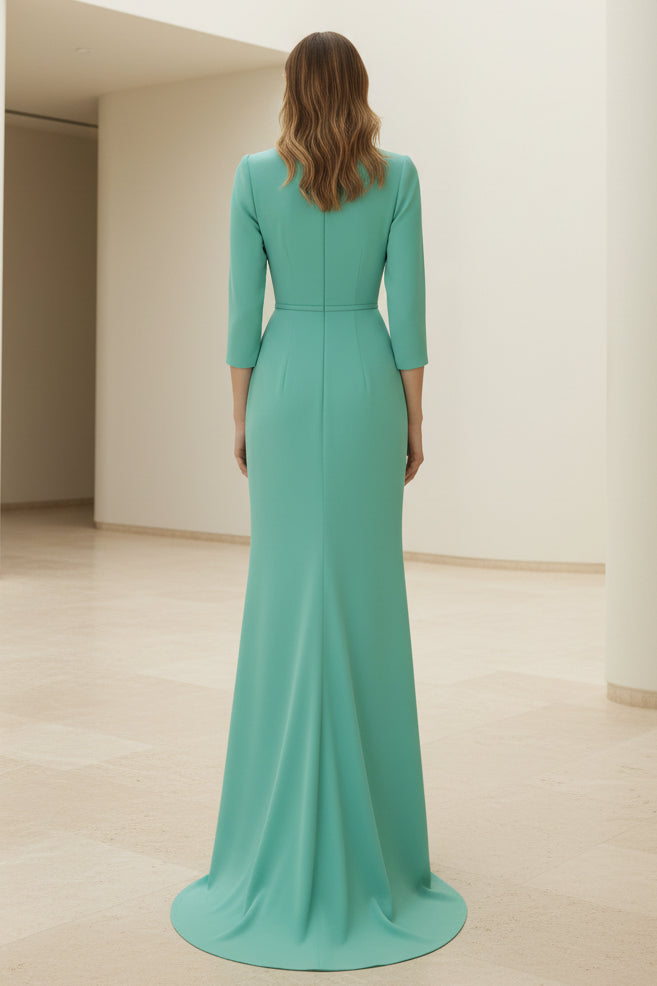 Elegant Side-Draped 3/4 Sleeve Column Gown