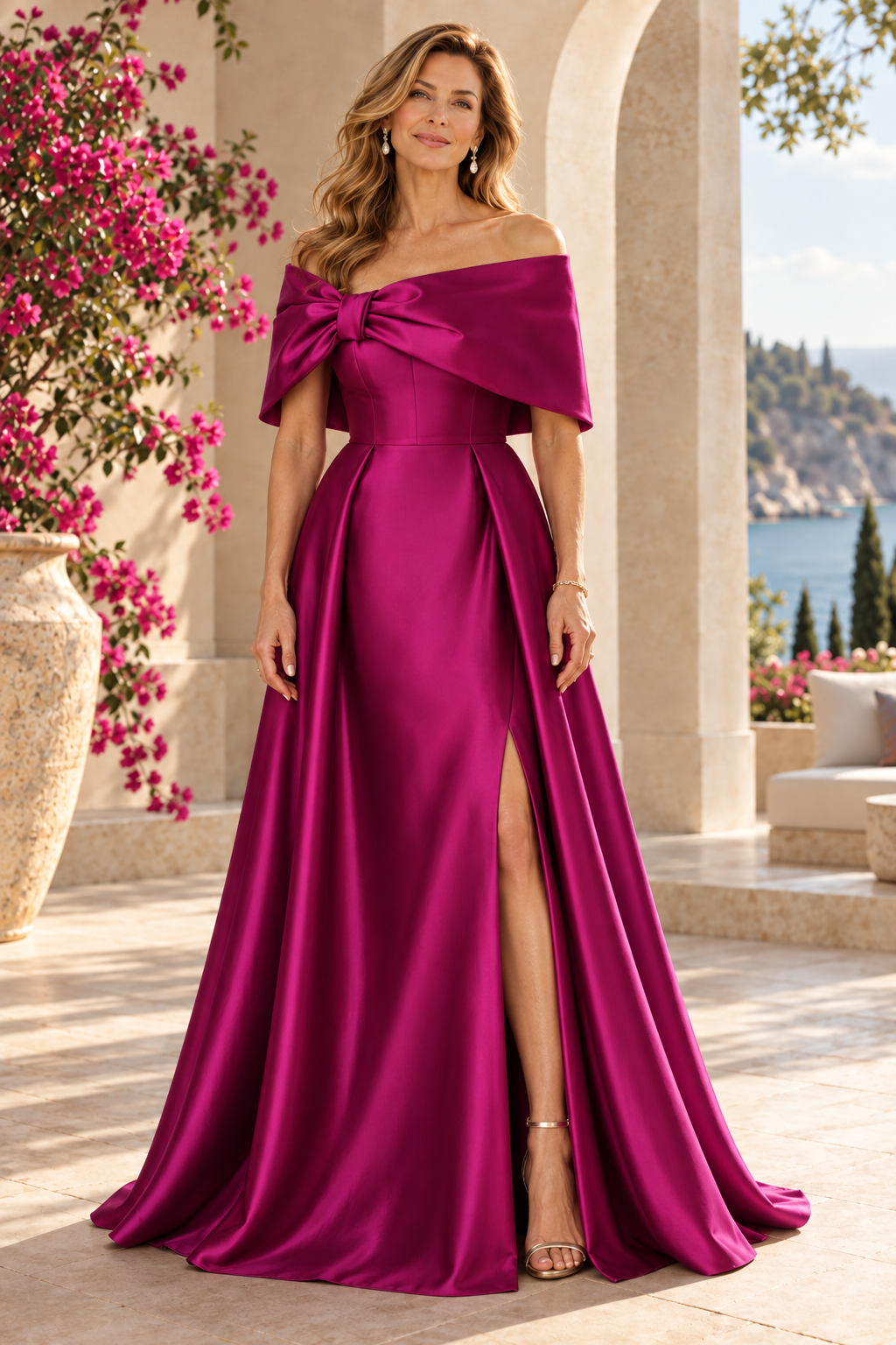 Off-the-Shoulder Bow A-Line Gown with Slit
