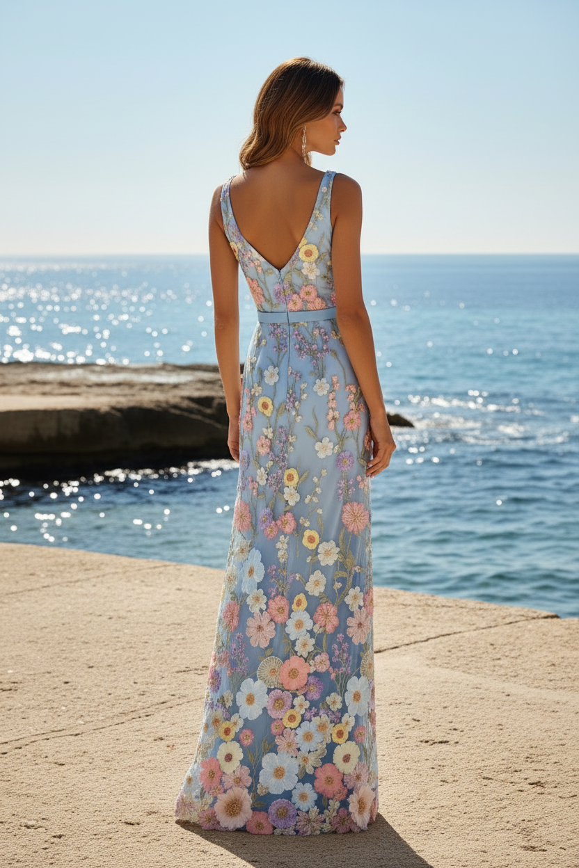 Embroidered 3D Floral V-Neck Gown