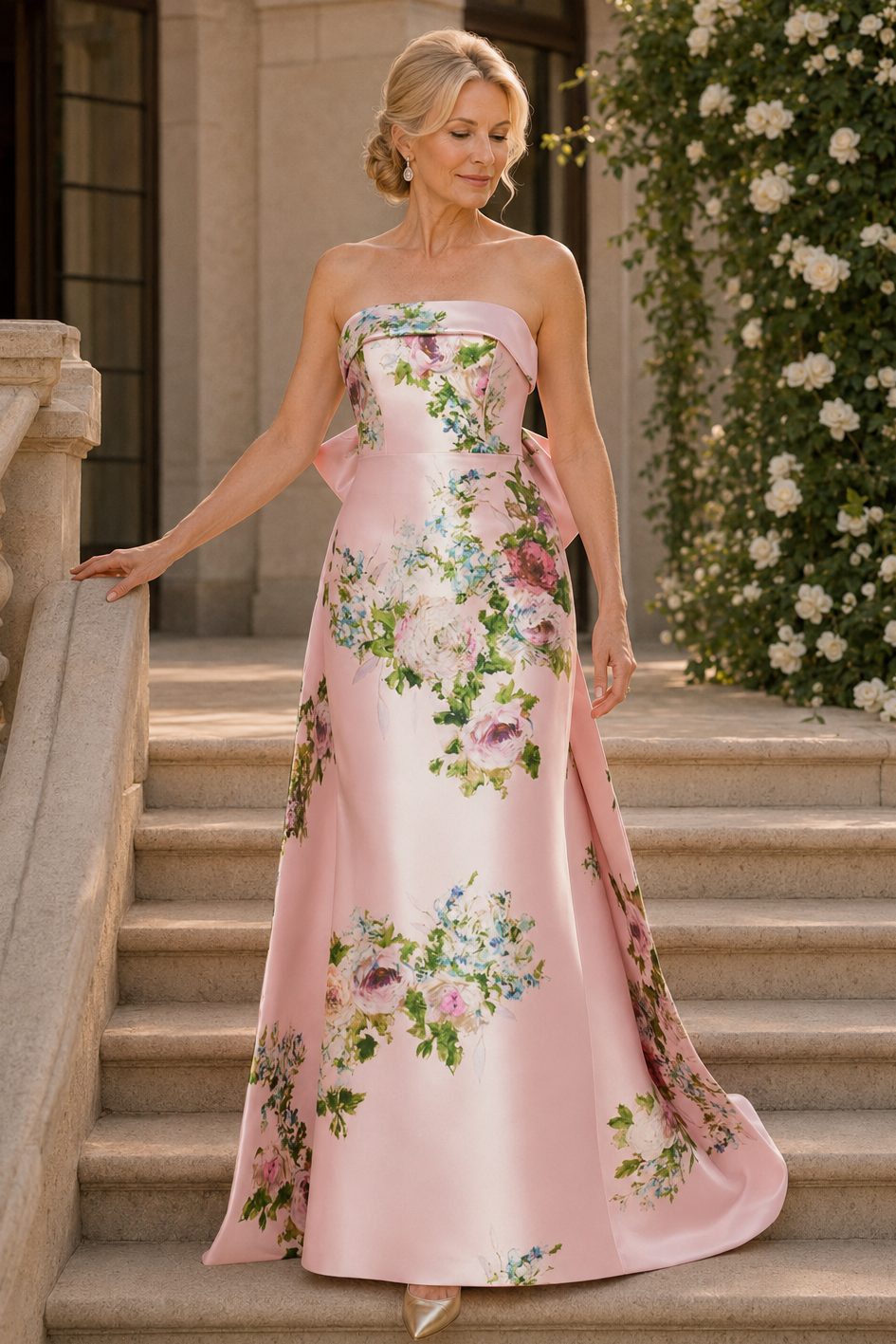 Strapless Floral Satin A-Line Gown with Back Bow